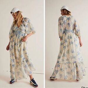 Free People Golden Hour Maxi In Tea Combo Floral‎ Blue Cream S